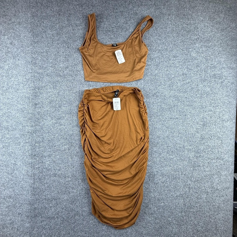 Windsor Skirt Tank Set Womens L XL Brown Ruched Scoop Neck 2 Piece Cognac